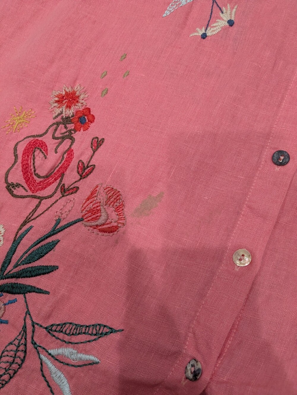 Johnny Was Ruth Lisbon Embroidered Linen Blouse Coral Pink Button Top Size M - Picture 6 of 7